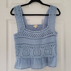 Coastal Boho Crocheted Smocked Blue Cropped Top Tank Size Small- Rebellion Again